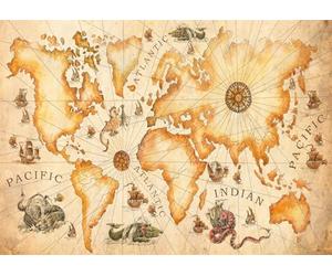 CORFOTO 5.2x3m Fabric Vintage Nautical World Map Old Ships Compass Mythical Sea Creatures Backdrop Antique Adventure Photography Background for Travel Shoot Photo Booth