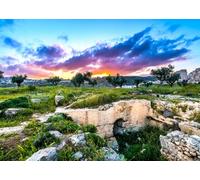 CORFOTO 5.2x3m Jerusalem Hills Sunset Backdrop Fabric Ancient Stone Ruins Olive Trees and Colorful Sky Pattern Holy Land Theme Background for Religious Events and Photo Booths