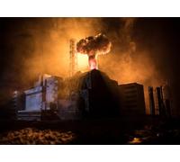 CORFOTO 5.2x3m Nuclear Explosion Factory Backdrop Industrial Plant Orange Smoke Mushroom Cloud Dark Ruined Building Post Apocalyptic Fabric Disaster Scene Portrait Photography Background