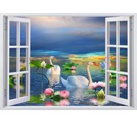 CORFOTO 5.2x3m Open Window Swan Lake Backdrop White Open Window White Swans Pink Lotus Lake Sunset Colorful Clouds Water Reflection Zen Nature Fabric Indoor Portrait Photography Background