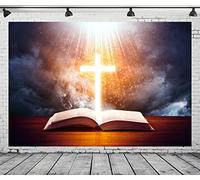 CORFOTO 5x3ft Fabric Holy Bible Holy Light Backdrop Bible Illuminated Cross Background for Church First Communion Events Banner Supplies Kids Adults Photo Booth Studio Props