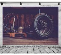 CORFOTO 5x3ft Fabric Retro Garage Wheel Backdrop Workshop Tools Motorcycle Wheel on Floor Photography Background for Boy Adult Man Portrait Western Theme Party Banner Artistic Portraits Photo Props
