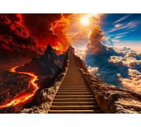 CORFOTO 5x4FT (1.5x1.2m) Heaven Hell Mountain Stairs Photography Backdrop | Two Realm Path Durable Fabric Background,Volcanic Lava And Bright Cloud Horizon,Fantasy Parties,Customizable,Photo Booth