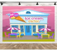 CORFOTO 5x4ft Ice Cream Parlor Backdrop Cartoon Ice Cream Shop Picture Background Pink Ice Cream Parlor Photography Background Girls Ice Cream Theme Party Decor Cake Table Photo Booth