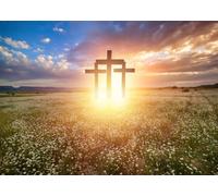 CORFOTO 5x4FT Three Crosses Flower Meadow Photography Backdrop | fabric background featuring three crosses flower meadow for church events Easter worship and faith portraits customizable