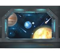 CORFOTO 6x3m Fabric Cartoon Spaceship Window Outer Space Planets Shooting Stars Bright Stellar View Backdrop Sci Fi Space Photography Background for Astronaut Themed Party Shoot