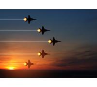 CORFOTO 6x3m Fabric Five Fighter Jet Silhouettes Bright Exhaust Trails Gradient Orange Sunset Sky Backdrop Military Air Show Dusk Sky Outdoor Portrait Photography Background Photo Booth