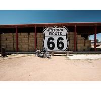CORFOTO 6x3m Historic Route 66 Backdrop Fabric Motorcycle and Hay Bales Pattern American Road Trip Theme Background for Retro Events and Photo Booths