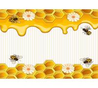 CORFOTO 6x3m Honey Bee & Honeycomb Backdrop Fabric Dripping Honey Daisy Flower Pattern Yellow White Striped Background Decor for Bee Themed Party Honey Festival Kids Event Photo Booth Prop