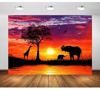 CORFOTO 8x6ft Fabric African Animals Backdrop Sunset Africa Safari Silhouette Background Elephant Wild Animals Backdrop for Photography Adults Portrait African Themed Party Safari Photo Booth Props
