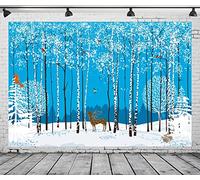 CORFOTO 8x6ft Fabric Cartoon Winter Forest Photography Backdrop White Birch Tree Deer Animals Background Snowy Scene Decorations Baby Shower Backdrop Christmas Party Photo Studio Booth Props
