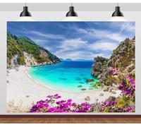 CORFOTO 8x6ft Fabric Greece Beach Backdrop Ionian Sea Lefkada Island Spring Mountain Blue Sea Scenery Background Greek Theme Party Decor Portrait Photoshoot Studio Booth Props