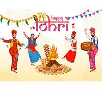 CORFOTO 8x6ft Fabric Happy Lohri Festival Backdrop Cartoon Indian People Punjabi Religious Holiday Background for Harvesting Festival Party Decorations Banner Kids Adults Photo Props