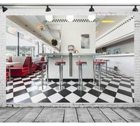 CORFOTO 8x6ft Fabric Retro Diner Restaurant Backdrop Vintage 50s Diner Restaurant Background 1950s Fast Food Soda Shop Decorations Diner Party Backdrop Baby Shower Photoshoot Booth Studio Props