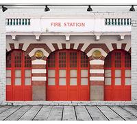 CORFOTO 9x6ft Fabric Modern Fire Station Backdrop Historical Red Building Firehouse Entrance Photography Background for Kids Firetruck Birthday Party Decorations Firefighter Photobooth Props