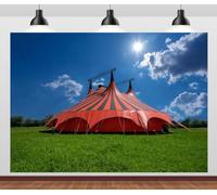 CORFOTO 9x6FT Fabric Red Circus Tent on Green Field Backdrop | Classic Circus Tent on Green Field Background Interior Event Theme Party Decorations Banner Photo Booth Props