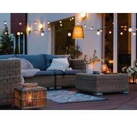 CORFOTO Fabric 1.5x1m (5x3FT) Cozy Outdoor Patio Backdrop String Lights Wicker Sofa Evening Photography Background for Summer Party Wedding Portrait Adults