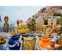 CORFOTO Fabric 1.5x1m (5x3FT) Mediterranean Lemon Table Backdrop Colorful Ceramic Pottery Coastal Terrace Photography Background for Kitchen Dining Travel Party Home Decor Adults