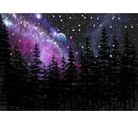 CORFOTO Fabric 1.5x1m Galaxy Forest Backdrop Purple Nebula Moon Pine Trees Night Sky Scene Photography Background for Cosmic Wedding Festival Party Photo Props
