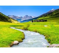 CORFOTO Fabric 1.8x1.2m Alpine Meadow Stream Backdrop Lush Green Valley with Crystal River and Snowy Mountain Peaks Photography Background for Swiss Nature Themed Party Photo Props