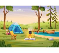 CORFOTO Fabric 1.8x1.2m Lakeside Camping Backdrop Blue Tent Fire Pit Chair Forest Scene Photography Background for Outdoor Adventure Kids Birthday Party Photo Props