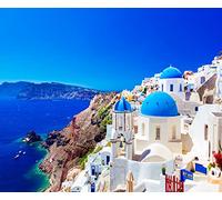 CORFOTO Fabric 10x8ft Greece Photo Backdrop Santorini Island Oia Village Backdrop Greece Photography Background for Greece Themed Party Banner Mamma Mia Birthday Decor Bridal Shower Photo Booth