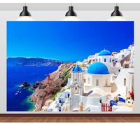 CORFOTO Fabric 12x8ft Greece Photo Backdrop Santorini Island Oia Village Backdrop Greece Photography Background for Greece Themed Party Banner Mamma Mia Birthday Decor Bridal Shower Photo Booth