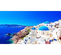 CORFOTO Fabric 15x8ft Greece Photo Backdrop Santorini Island Oia Village Backdrop Greece Photography Background for Greece Themed Party Banner Mamma Mia Birthday Decor Bridal Shower Photo Booth