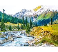 CORFOTO Fabric 2.1x1.5m Alpine Mountain River Backdrop Snow-Capped Peaks with Turquoise Glacial Stream and Pine Forest Photography Background for Mountain Hiking Themed Party Photo Props