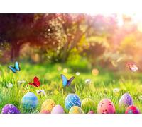 CORFOTO Fabric 2.1x1.5m Spring Easter Garden Backdrop Colorful Eggs Butterflies Daisies Sunlit Greenery Photography Background for Easter Party Kids Photo Shoot Props