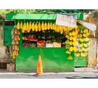 CORFOTO Fabric 2.1x1.5m Tropical Fruit Stand Backdrop Vibrant Street Market with Fresh Pineapple Papaya Mango Photography Background for Summer Food Themed Party Photo Props