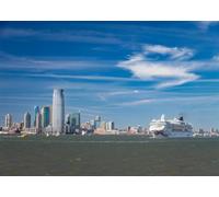 CORFOTO Fabric 2.5x1.8m (8x6FT) Waterfront City Skyline Backdrop Cruise Ship Blue Sky Harbor Photography Background for Travel Bon Voyage Party Adults