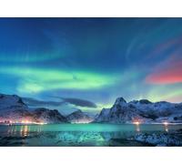 CORFOTO Fabric 2.5x1.8m Arctic Northern Lights Backdrop Green and Pink Aurora Over Snowy Mountain Fjords at Night Photography Background for Winter Nature Themed Party Photo Props
