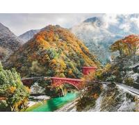 CORFOTO Fabric 2.5x1.8m Japanese Autumn Mountain Bridge Backdrop Red Kurobe Gorge Bridges with Fall Foliage and Snow Photography Background for Japan Nature Themed Party Photo Props