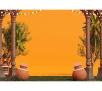 CORFOTO Fabric 2.7x1.8m Indian Festival Backdrop Terracotta Pots Palm Trees Orange Traditional Scene Photography Background for Diwali Kids Birthday Party Photo Props