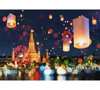 CORFOTO Fabric 3.5x2.5m Bangkok Wat Arun Sky Lantern Backdrop Floating Paper Lanterns Over Illuminated Temple at Night Photography Background for Thai Festival Themed Party Photo Props
