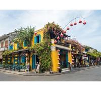 CORFOTO Fabric 3.5x2.5m Hoi An Yellow House Backdrop Vietnamese Colonial Building Red Lanterns Scene Photography Background for Southeast Asian Travel Festival Party Photo Props