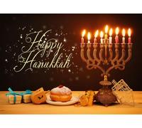 CORFOTO Fabric 3.5x3m Happy Hanukkah Backdrop Menorah with Lit Candles Sufganiyot Dreidel Gold Coins Photography Background for Jewish Holiday Party Photo Props