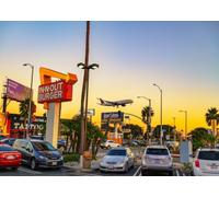 CORFOTO Fabric 3x2.5m (10x8FT) California Airport Boulevard Sunset Backdrop Airplane Palm Trees City Street Photography Background for Travel Party Adults