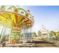 CORFOTO Fabric 3x2.5m Amusement Park Swing Ride Backdrop Colorful Carousel with Carnival Rides Under Sunny Sky Photography Background for Fun Fair Themed Party Photo Props