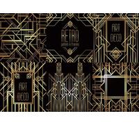 CORFOTO Fabric 3x2.5m Art Deco Pattern Collage Backdrop Gold Geometric Frames Retro Text Photography Backdrop for Vintage Theme Party Event Decoration Photo Booth Props