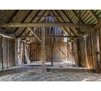 CORFOTO Fabric 3x2.5m Rustic Old Barn Backdrop Empty Wooden Barn with Exposed Beams and Hay Floor Photography Background for Farm Country Themed Party Photo Props