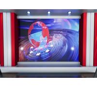 CORFOTO Fabric 3x2m News Studio Backdrop Red Blue Globe Virtual Set Scene Photography Background for Broadcast Event Kids Birthday Party Photo Props