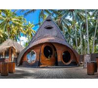 CORFOTO Fabric 3x2m Tropical Bamboo Hut Backdrop Pyramid Shaped Bungalow Palm Trees Scene Photography Background for Summer Beach Wedding Party Photo Props