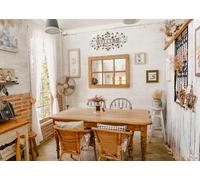 CORFOTO Fabric 3x2m Vintage Farmhouse Dining Room Backdrop Rustic Wooden Table with Wicker Chairs and Welcome Sign Photography Background for Shabby Chic Themed Party Photo Props