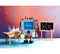 CORFOTO Fabric 4.5x2.5m AI Research Robot Backdrop Mini Retro Robot with Chemistry Lab Equipment and Blackboard Photography Background for Science Technology Themed Party Photo Props