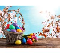 CORFOTO Fabric 4.5x3m Easter Egg Basket Backdrop Pink Cherry Blossoms Tulips Green Grass Spring Scenic Photography Background for Holiday Party Kids Birthday Photo Booth Props