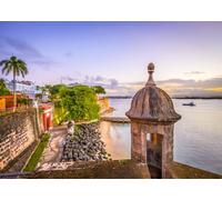CORFOTO Fabric 4.5x3m Old San Juan Fortress Backdrop Historic Spanish Colonial Fort with Caribbean Sea View at Dusk Photography Background for Puerto Rico Travel Themed Party Photo Props