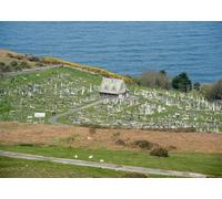 CORFOTO Fabric 4.6x2.5m (15x8FT) Seaside Cemetery Backdrop Stone Church Graves Ocean Cliff Landscape Photography Background for Memorial Travel Adults