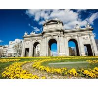 CORFOTO Fabric 4.6x3m (15x10FT) Puerta de Alcala Madrid Backdrop Historic Stone Arch Yellow Flowers Photography Background for Spain Travel Party Adults